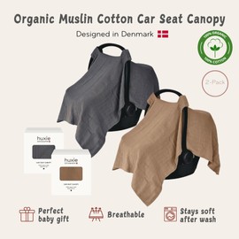 Huxie Car Seat Cover Baby - Organic Cotton - Carseat Covers Baby - Carseat Cover - Car Seat Canopy - Carseat Canopy - 100% Muslin Cotton, 43" x 32" 2-Pack (Soft Grey/Natural)