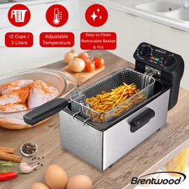 Brentwood DF-730S 1500w 3L / 12-Cup Electric Stainless Steel Deep Fryer with Adjustable Temperature and Odor Free Filter, Dishwasher Safe Removable Basket, Enamel Pot, and Lid with Viewing Window