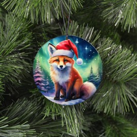 Fox Christmas Ornament - Wildlife Home Decor Featuring Santa Cap and Northern Lights - 2025 Acrylic Disc Decoration For Tree - Unique Animal Lover Gift From Cranberry Collective