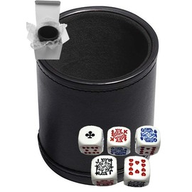 Set of 16mm Poker / Pip Dice Rounded Corners and Black PU Leather Dice Cup Plush Velvet Lined - Gift Boxed (Poker (Clubs Ace) White, Black/Black Cup)