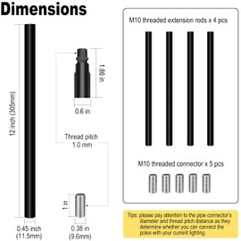 4 Pieces 12-inch M10 Threaded Extension Poles Lighting Fixture Downrods Stems & 180 Degrees Sloped Ceiling Adapter Kits for Pendant Light, Island Lighting, Chandeliers (Black)