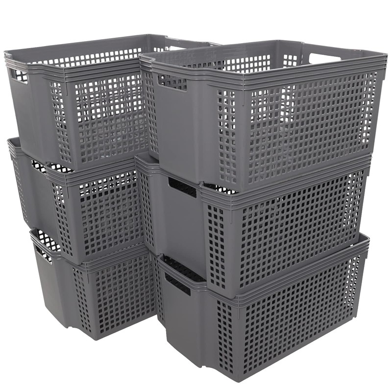 Rinboat 17 L Plastic Stacking Storage Baskets, Grey Stackable Storage