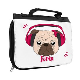 Kulturbeutel mit Namen Ecrin und Motiv - Mops mit Kopfhörer pink - für Mädchen | Kulturtasche mit Vornamen | Waschtasche für Kinder
