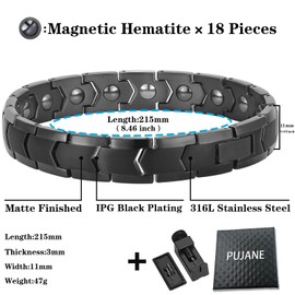 PUJANE Magnetic Hematite Bracelets for Men Women 316L Stainless Steel Power Balance Energy Magnets Stones Bracelet Jewelry Gift with Adjustment Tool (Silver)