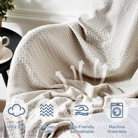 David's Home Ultra Soft Waffle Weave Blanket Queen Size, Lightweight Breathable Durable Skin-Friendly Throw for All Season, Elegant Layering for Home Decor, Couch Bed Sofa Travel, Natural, 90" x 90"