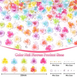 100 Pcs 3D Flowers for Nails, Colorful Tropical Floral Flower Nail Charms with Flatback Pearl for Nails Mini Caviar Beads, Translucent Flower Charms for Acrylic Nails Designs DIY Accessories