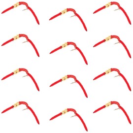 The Fly Fishing Place Trout Nymph Fly - San Juan Worm Power Bead One Dozen Double Gold Bead Red V-Rib Hook Size 10 - Set of 12 Nymph Wet Flies