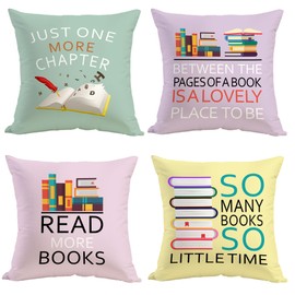 Inspirational Throw Pillow Case,Book Lovers Gifts Decorative Home Bedroom Reading Room School Dorm, Just One More Chapter Throw Pillow Covers Gifts for Bookworm Students Teacher, Set of 4