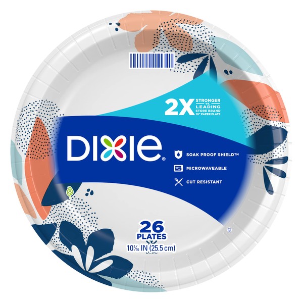 Dixie Large Paper Plates, 10 Inch, 26 Count, 2X Stronger*, Microwave-Safe, Soak-Proof, Cut Resistant, Great For Everyday Breakfast, Lunch, & Dinner Meals