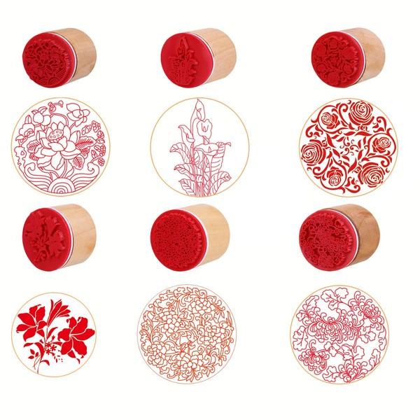 CCINEE 6pcs Round Rubber Stamps Floral Pattern Wooden Stamps for