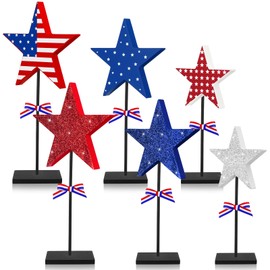 Weysat 3 Pcs 4th of July Table Decor Patriotic Tiered Tray Memorial Day Freestanding Glitter Red White Blue Star Signs Wooden Firework Centerpiece American Flag Decorations for Home(Star)