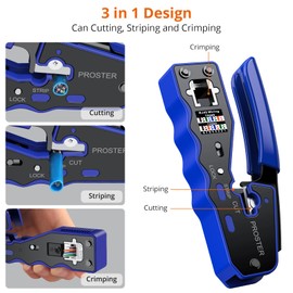 Proster RJ45 Crimp Tool Kit - 3 in 1 Pass Through RJ45 Crimper Ethernet Crimping Tool for RJ45 Cat5/5e Cat6/6a with Cable Tester Stripper 50PCS Cat6 Pass-Through Connectors and Protective Covers