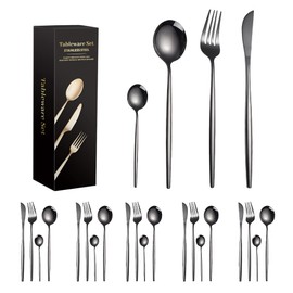 VOICEPTT Juego de cubiertos de acero inoxidable de 24 piezas, Tenedor, Cuchara, Cuchillo, Set de cubiertos para 6 personas, Aptas para el lavavajillas (Negro)