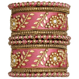 Aheli Traditional Wedding Designer Silk Thread Faux Stone Studded Bridal Bangle Set Chuda Indian Ethnic Bollywood Fashion Jewelry Gift for Women Pink