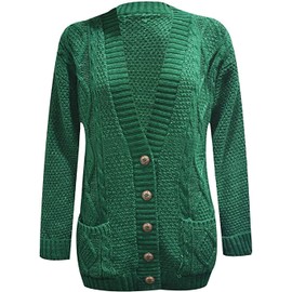 Purple Hanger New Womens Everyday Long Sleeve Button Top Ladies Chunky Aran Cable Knit Grandad Cardigan (12-14 ML, Bottle Green)