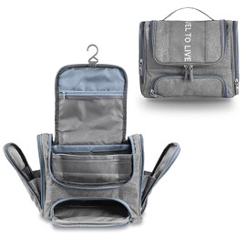 Hanging Travel Toiletry Bag for Women Men, Waterproof Cosmetic Makeup Organizer Bag Storage with Hook, Skincare Hygiene Bathroom Bag for Traveling Full Size Bottles (Gray)