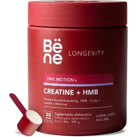 Creatina + HMB Suplemento Alimenticio 300g - Creatina Monohidratada 5g, HMB-Calcio 3g con Vitaminas - Polvo Sabor Limón Línea Longevity TIME MOTION - 30 Porciones