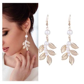 Yheakne Vintage Leaf Pearl Drop Gold Earrings Wedding Boho Dangle Hook Jewellery for Women and Girls Gifts
