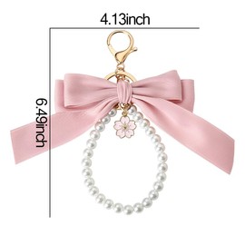 Pink Bow Wristlet Keychain for Girls Pearl Beaded Keychain Wristlet for Car Keys Keychain Accessories for Women Girls Wallet Purse Bowknot Keychain Bracelet for Girls Pearl Bead Bracelet Keychains