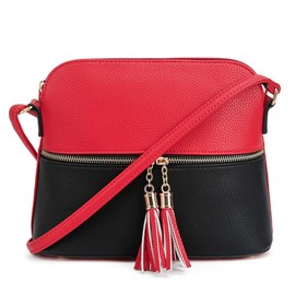 SG SUGU Lunar Lightweight Medium Dome Crossbody Bag Shoulder Bag with Double Tassels | Zipper Pocket | Adjustable Strap|Red/Black