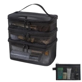 BAYINBROOK Portable Double Layer Makeup Bag Waterproof Toiletry Bag Large Capacity Travel Cosmetic Bag Cosmetic Bag with Brush Compartment, Black Mesh3, Modern Fashion