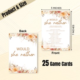 Bridal Shower Games, Boho Fall Floral Game Card for Wedding Engagement Bachelorette Party, Wedding Shower Decorations Supplies, Would She Rather Game, Set of 25 Cards- A01