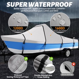 1600D+1200D Tearproof Center Console Boat Cover with 2" Wide Loops for Trailering and Mooring - Ultra Durable Waterproof Fits 16-18.5ft Center Console Boat, with Storage Bag