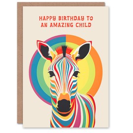 Artery8 Happy Birthday to an Amazing Child Rainbow Stripes Colourful Zebra Non Binary Gender Neutral Card