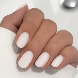 White Press on Nails | Short Oval Fake Nails,Reusable Acrylic Nails,Solid Color False Nails,Full Cover Glossy Stick on Nails,for Women Girls Daily Nail Art 24Pcs