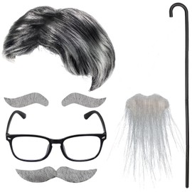 Keymall Old Man Wig And Mustache Set Grandpa Costume Accessories Kit With Grey Wig Fake Beard Eyebrows Cane Glasses for Men Adults teens (Grey wig set)