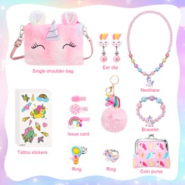 ViEinkaufen 13 Pack Kids Jewellery Sets for Girls, Unicorn Gifts for Girls Toys for 4 5 6 Year Olds with Crossbody Bag, Coin Purse, Necklace, Bracelet, Stickers, Ideal for Girl Birthday Presents