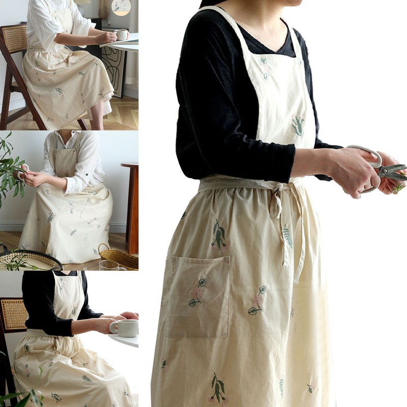 Cooking Apron Flower Embroidery Waterproof Wear Resistant Baking Apron for