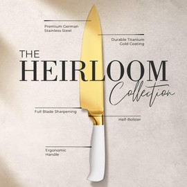 STYLED SETTINGS White and Gold Chef Knife – Stainless Steel Chef Knife with Gold Titanium Coating, Precision German Stainless Steel Blade – Luxury Kitchen Accessories - Ideal Cooking Gift