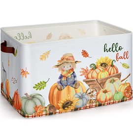 Seeloowy Hello Fall Pumpkin Gift Basket Large Maple Leaf Scarecrow Cart Autumn Basket Thanksgiving Farm Harvest Storage Box for Home Nursery Laundry Bookshelf Wardrobe (Scarecrow)
