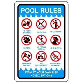 Pool rules - No swimming, No diving, No Sailing, Deep Water - 1.2mm Rigid plastic for indoor/outdoor usage (300mm x 200mm) Viewing Distance within 7m.
