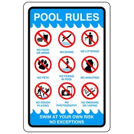 Pool rules - No swimming, No diving, No Sailing, Deep Water - 1.2mm Rigid plastic for indoor/outdoor usage (300mm x 200mm) Viewing Distance within 7m.