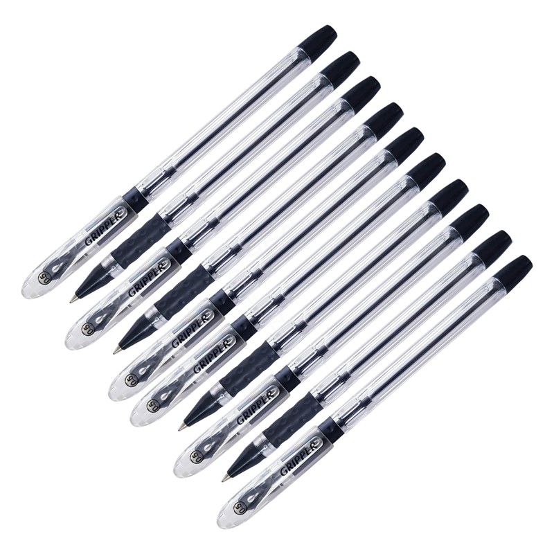 Gripper Ballpoint Pens, BLACK, Fine Point (0.5mm), Pack of 10,