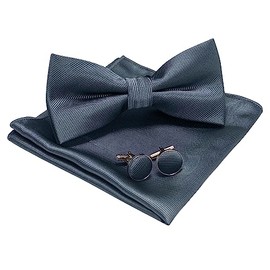 Jemygins Set for Men - Includes Plain Bow Tie, Men’s Pocket Handkerchief and Cufflinks, Dark grey 2