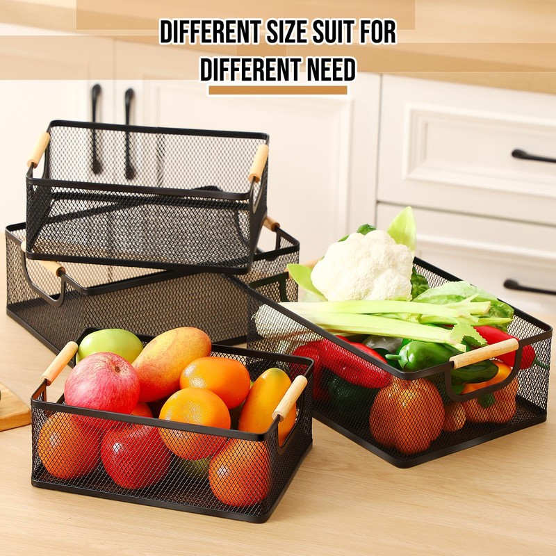 Rtteri 4 Pack Black Metal Wire Basket with Wood Handle