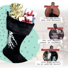 Black Christmas Stocking, Velvet and Faux Fur - White Skeleton Hand Embroidery, Xmas Light Art - Goth Hexmas Decor, Spooky Gothic Decoration