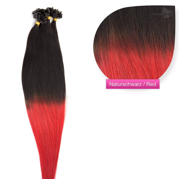 U-tip real hair ombre extensions, keratin bonding 50 cm, 150 x 1 g, no. 1b/red, natural black, red