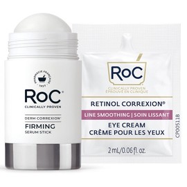 RoC Derm Correxion Retinol suero reafirmante en barra con antioxidantes para apretar visiblemente y reafirmar arrugas y líneas de risa, 1.0 oz más paquete de crema de ojos de retinol