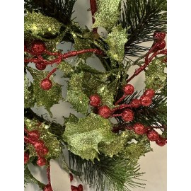 Unbranded Christmas Candle Ring Wreath Plastic Holly Berries  Glitter 10 1/2” Round