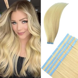 Czrleaty Extensiones de cabello rubio platino con cinta adhesiva Extensiones de cabello humano real Extensiones de cabello humano invisibles con...   