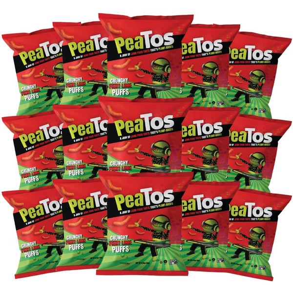 PeaTos Fiery Lime Puffs in Snack Sized 0.5 oz. Bags (15 pack) full of “JUNK FOOD” flavor and fun WITHOUT THE JUNK. PeaTos® the Craveworthy upgrade to America's favorite snacks are Pea-Based, Plant-Based, Vegan, Gluten-Free, and Non-GMO.