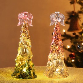 Lewondr Glass Christmas Tree 2 Pcs, Tabletop Mercury Lighted Small Tree with Angel Tree Topper, Built-in Batteries Operated Christmas Table Lights Xmas Decoration for Centerpiece Fireplace Ornament