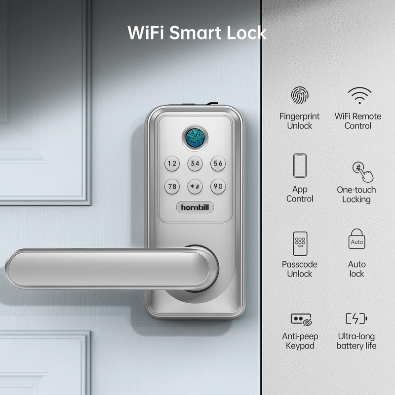 Hornbill WiFi Smart Lock with Handle, Keyless Entry Biometric Fingerprint