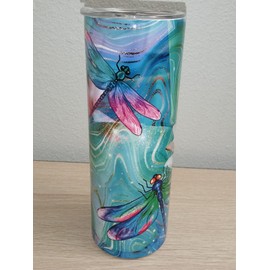 Slide Lock Dragonfly Tumbler 20oz Stainless Steel Skinny Straw Insulated Cup Blue
