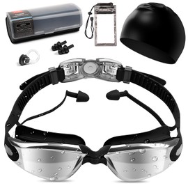 Bebeay Kit de Natación 5 en 1, Anteojos de Natación,Incluye Gafas Con Antiniebla Protección Uv, Gorro de Baño, Tapones para Oidos y Clips para la Nariz, Bolsa Impermeable para Teléfono Móvil, Unisexo