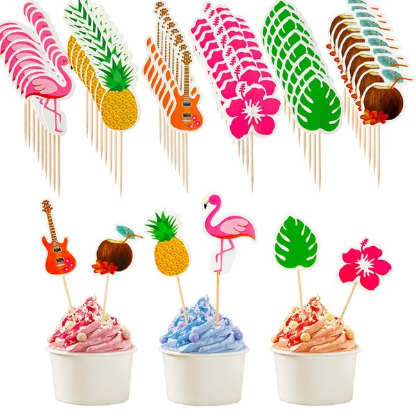 72 piezas de adornos tropicales para magdalenas Luau, palmera, flamenco, piña, coco, decoraciones para cupcakes hawaianos, suministros de fiesta, 6 estilos